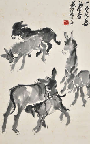 A chinese donkeys painting scroll, huang zhou mark