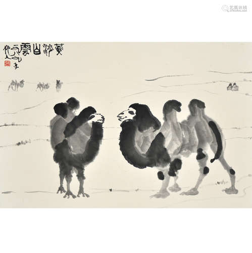 A chinese camels painting scroll, wu zuoren mark