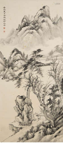 A chinese landscape painting scroll, jin cheng mark