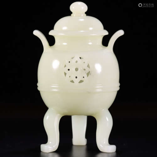 a carved hetian jade tripod censer and cover