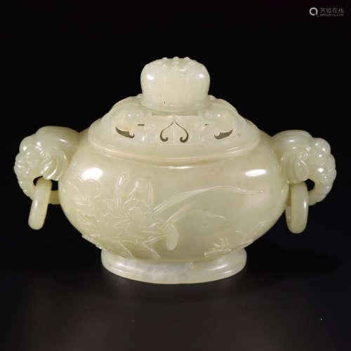 a carved hetian jade lotus tripod censer and cover