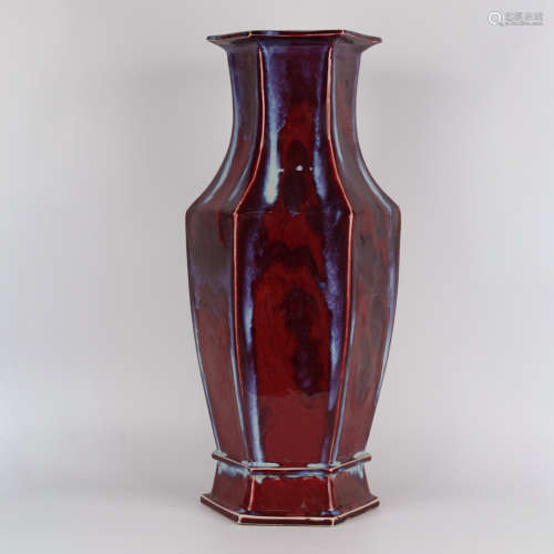 A red-ground flambe-glazed hexagonal vase
