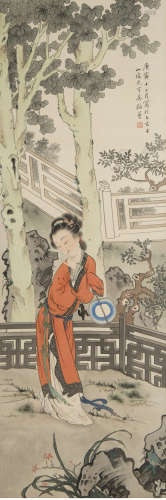 A chinese lady painting scroll, wu guangyu mark