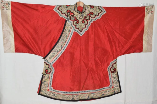 18-19th C. Chinese Red Silk Dragon Embroidered Robe