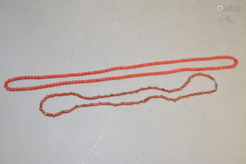 Two Chinese Red Coral Bead Necklaces