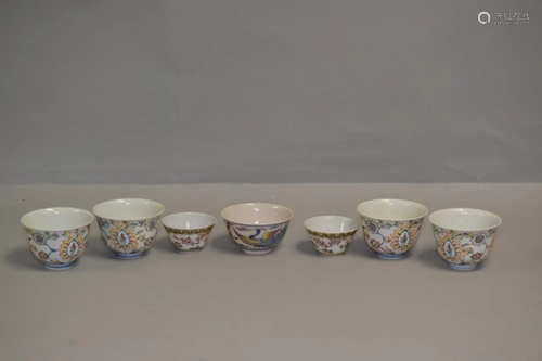 Seven 19-20th C. Chinese Porcelain Famille Rose Cups