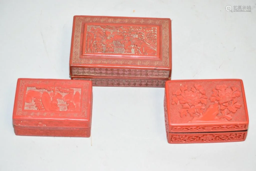 Three 19-20th C. Chinese Cinnabar Carved Boxes