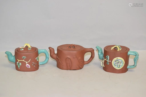 Three 19th C. Chinese Enameled YiXing ZiSha Teapots