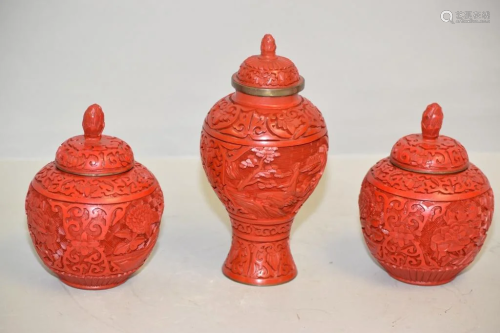 Three Chinese Cinnabar Carved Vases
