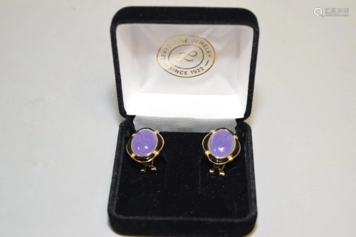 14K Gold Chinese Lavender Jadeite & Onyx Earrings