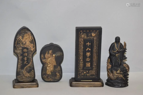 Four 19-20th C. Chinese Carved Gilt Ink Blocks
