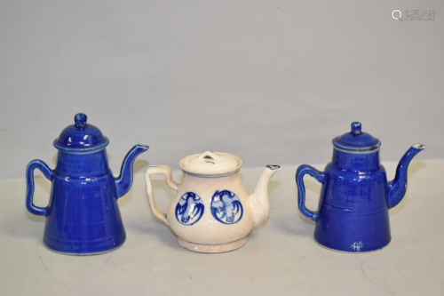 19th C. Chinese Porcelain Cobalt Blue Glaze/B&W Teapots