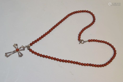 Agate Bead Necklace with 925 Silver Cross Pendant