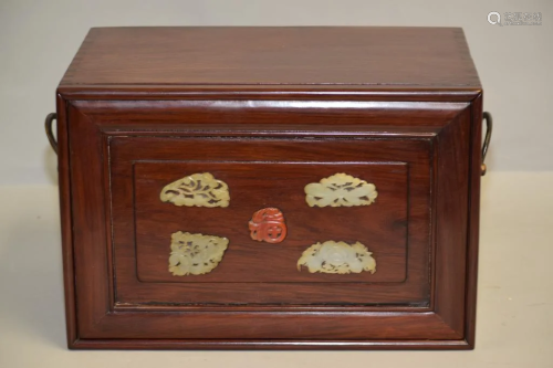 19-20th C. Chinese Jade Inlay Hongmu Carved Jewelry Box