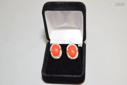 14K Gold Chinese Red Coral and Diamond Earrings