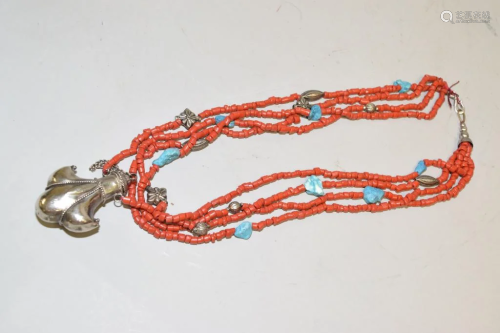 Chinese Tibetan Red Coral and Silver Necklace