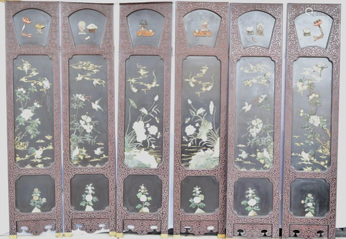 Chinese Black/Red Lacquer Jade Inlay Panel Screen