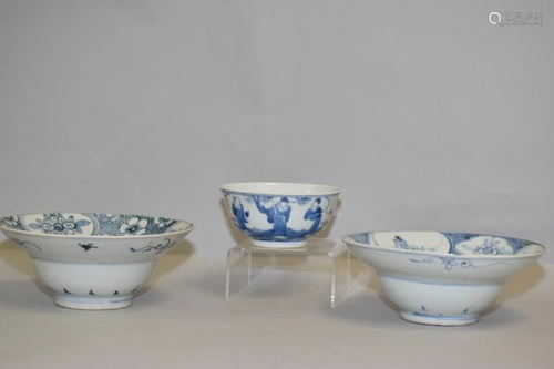 Three Qing Chinese Porcelain B&W Bowls