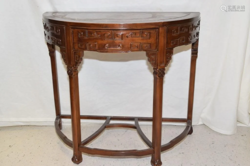 Chinese Marble Inlay Wood Carved Half Moon Table
