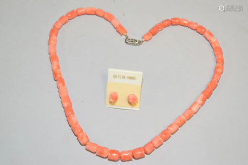 Hawaii Pink Coral Floral Bead Necklace and Earrings