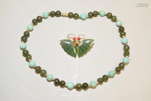 Chinese Spinach Jade Bead Necklace and Brooch