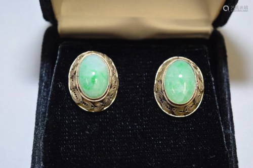 Pr. of 19-20th C. Chinese Silver Jadeite Earrings