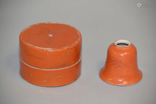 Two Qing Chinese Porcelain Iron Red Glaze Study Objects