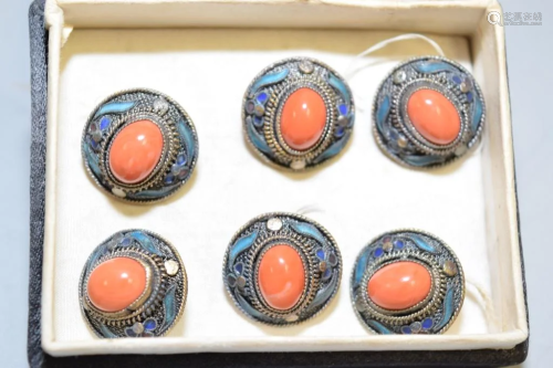 Six Chinese Enamel over Silver Red Coral Buttons