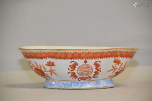 19th C. Chinese Porcelain Iron Red Oval Bowl