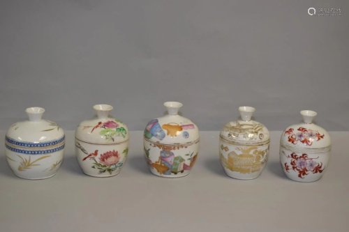 Five 19-20th C. Chinese Porcelain Covered Bowls