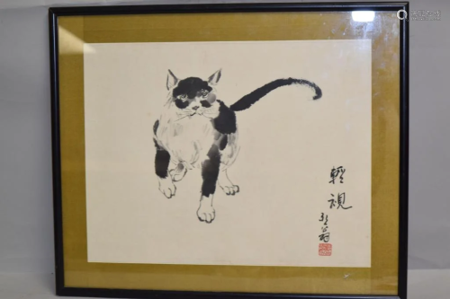 Chinese Cat Watercolor Painting, Signed Chen ZhongYan