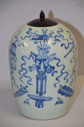 19th C. Chinese Porcelain Pea Glaze B&W Melon Jar