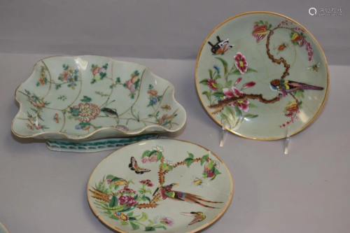 Three Qing Chinese Porcelain Pea Glaze Famille Rose