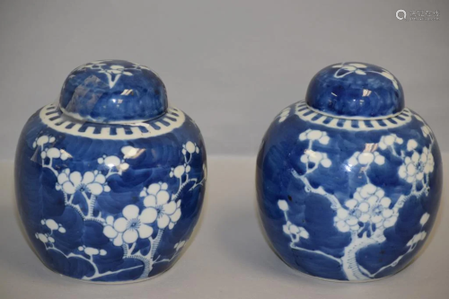 Pr. of Qing Chinese Porcelain B&W Plum Jars