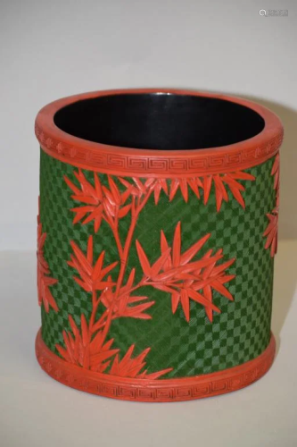 Large Chinese Cinnabar Carved Brush Pot