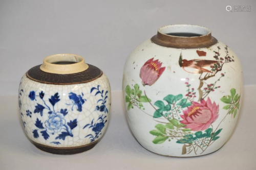 Two Qing Chinese Porcelain B&W/Famille Verte Jars