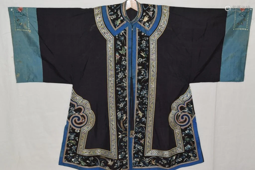 18-19th C. Chinese Black Silk Dragon Embroidered Robe