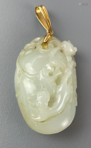 Chinese White Jade and 14k Carved Pendant