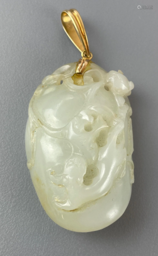 Chinese White Jade and 14k Carved Pendant