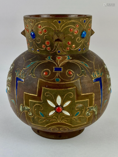 Longwy Pottery Vase wirh Stone Inserts