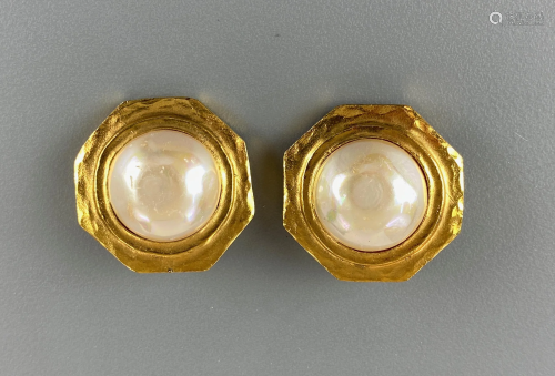 Pair of Vintage Chanel Gilt and Pearl Earrings