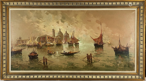 Oil on Canvas 20th Century Harbor Scene