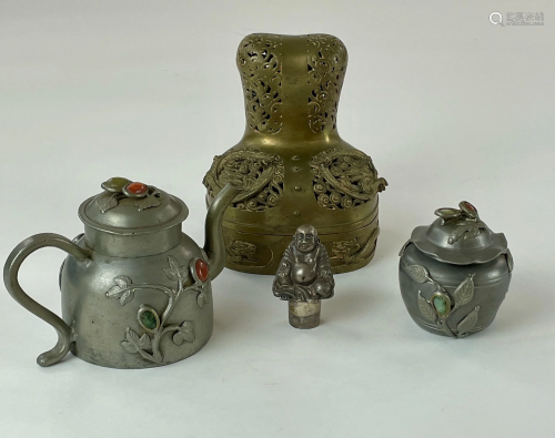Chinese Pewter Tea Set, Stopper and Brass Censer
