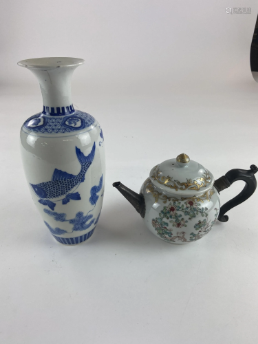 18th Century Chinese Export Teapot and BW Vase