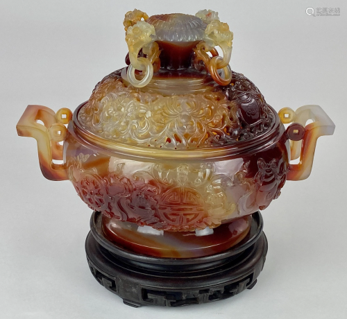 Large Chinese Carved Agate Censer on Stand