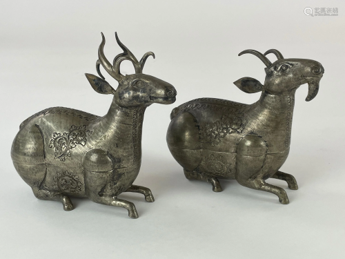 Pair of 90% Silver Incised Cambodian Ram Boxes