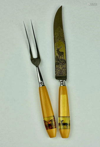 German Solingen Box Carving Set, Amber Handles