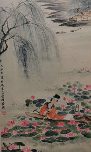 Chinese Painting Of Lotus And Figures - Huang Jun