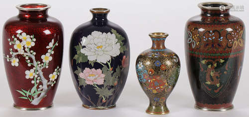 FOUR MINIATURE CLOISONNE VASES