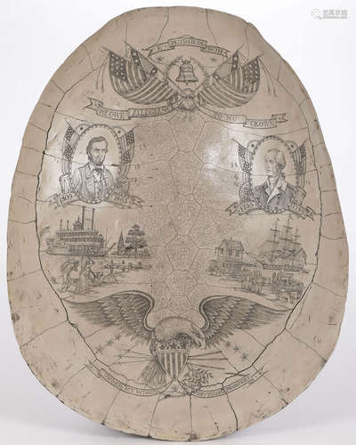 IMPRESSIVE SCRIMSHAWED FAUX TURTLE SHELL